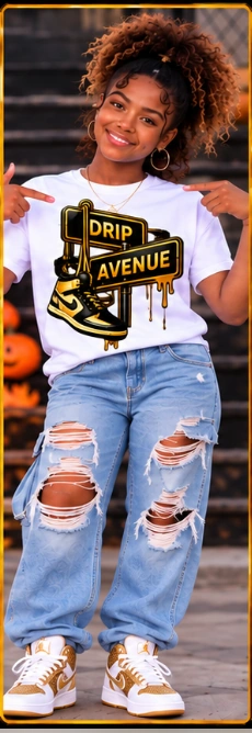 Full-body youth model wearing Drip Avenue streetwear look 3