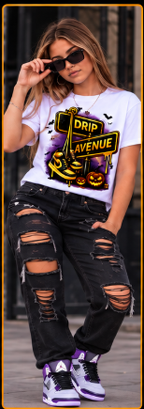 Youth model wearing a white Drip Avenue Halloween graphic tee, black distressed jeans, sunglasses, and purple-accented sneakers