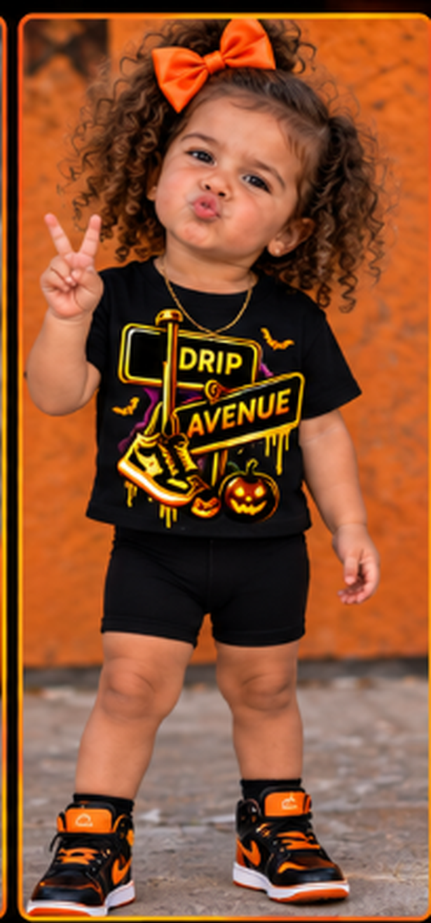 Toddler girl wearing a black Drip Avenue sneaker graphic shirt, black shorts, an orange bow, and orange-accented high-tops