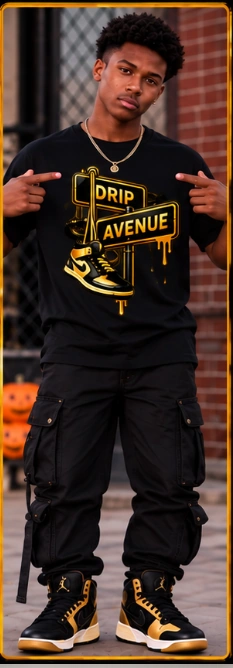 Full-body youth model wearing Drip Avenue streetwear look 6