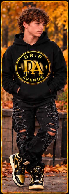 Full-body youth model 4 wearing a Drip Avenue Fall hoodie