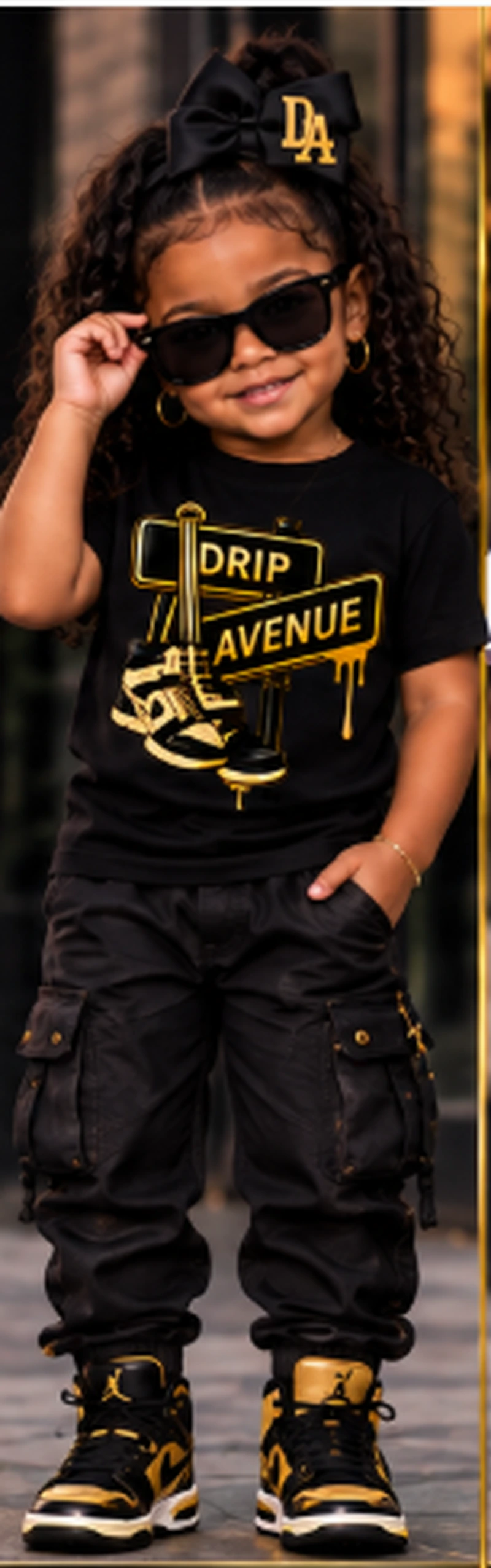 Full-body toddler model wearing Drip Avenue streetwear look 5