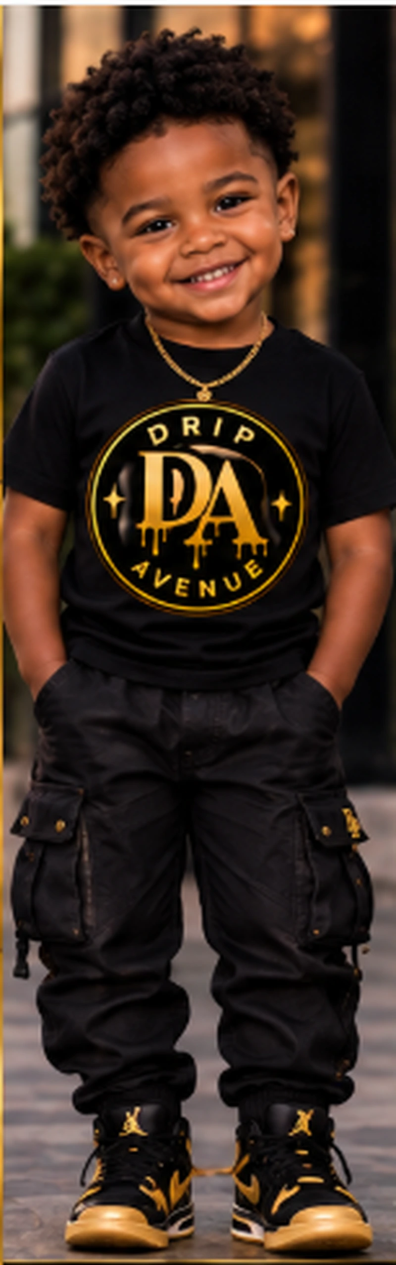 Full-body toddler model wearing Drip Avenue streetwear look 3