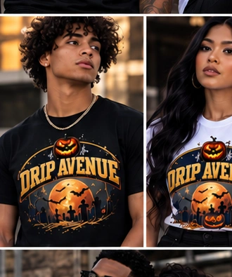 Models wearing Drip Avenue Halloween tees, story cover