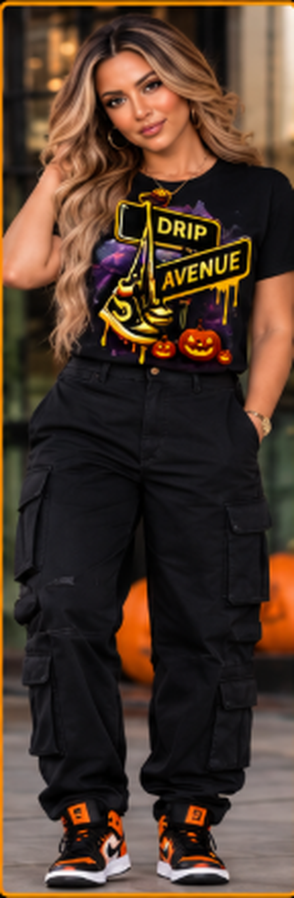 Woman wearing a black Drip Avenue Halloween sneaker graphic tee, black cargo pants, and orange-accented sneakers