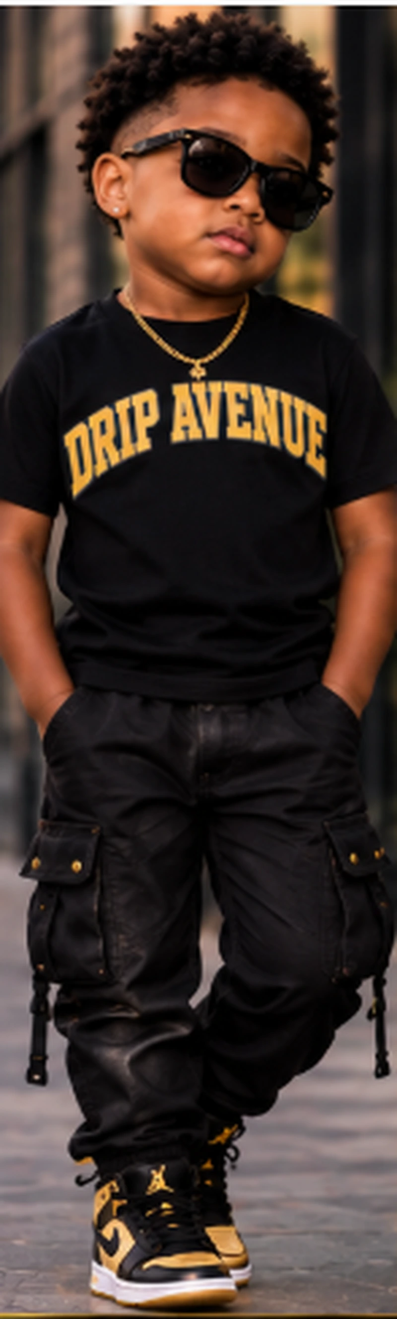 Full-body toddler model wearing Drip Avenue streetwear look 1
