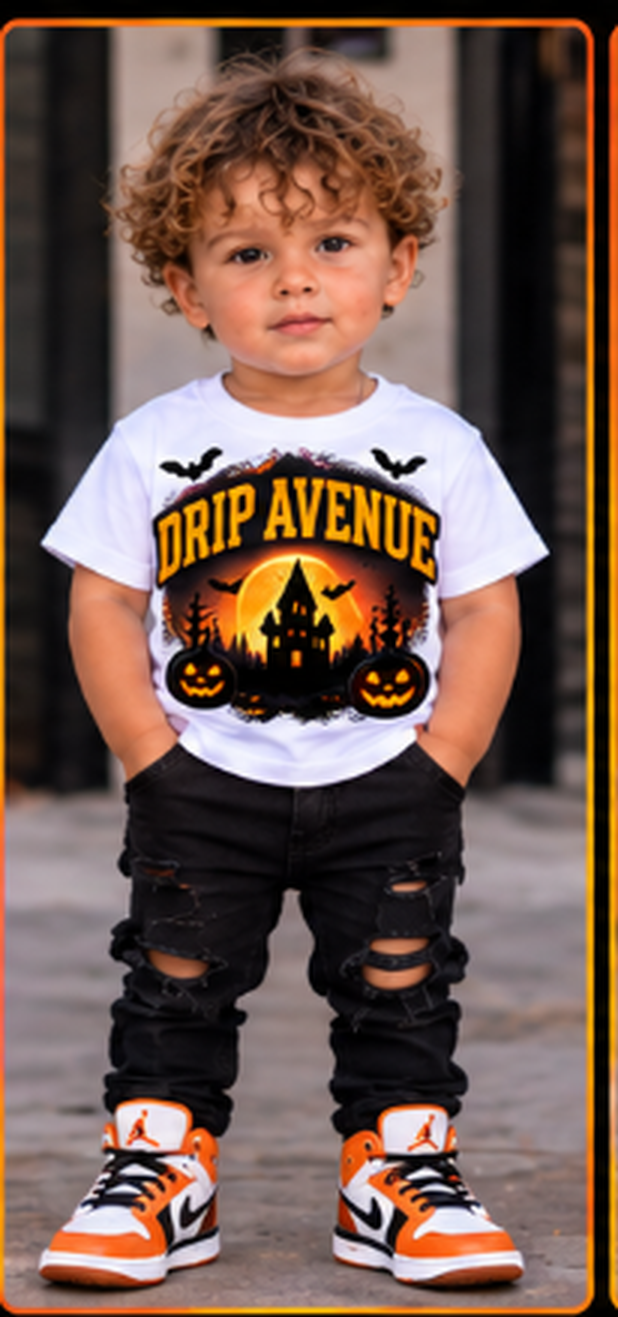 Toddler boy wearing a white Drip Avenue Halloween graphic shirt, black distressed pants, and orange-accented high-tops