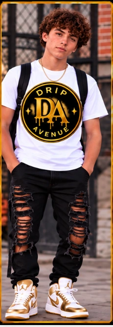 Full-body youth model wearing Drip Avenue streetwear look 1