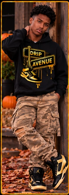 Full-body youth model 6 wearing a Drip Avenue Fall hoodie