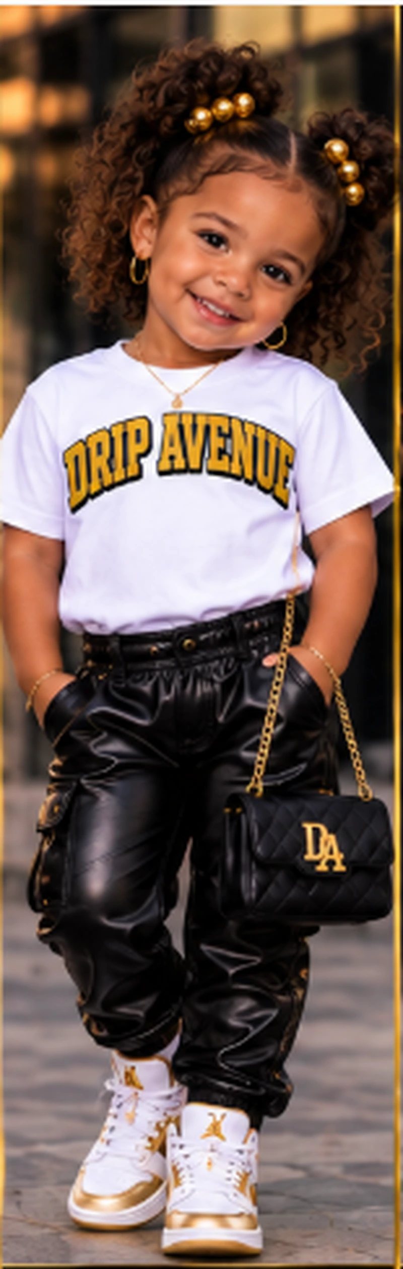 Full-body toddler model wearing Drip Avenue streetwear look 4