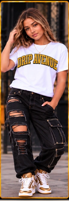 Full-body youth model wearing Drip Avenue streetwear look 5
