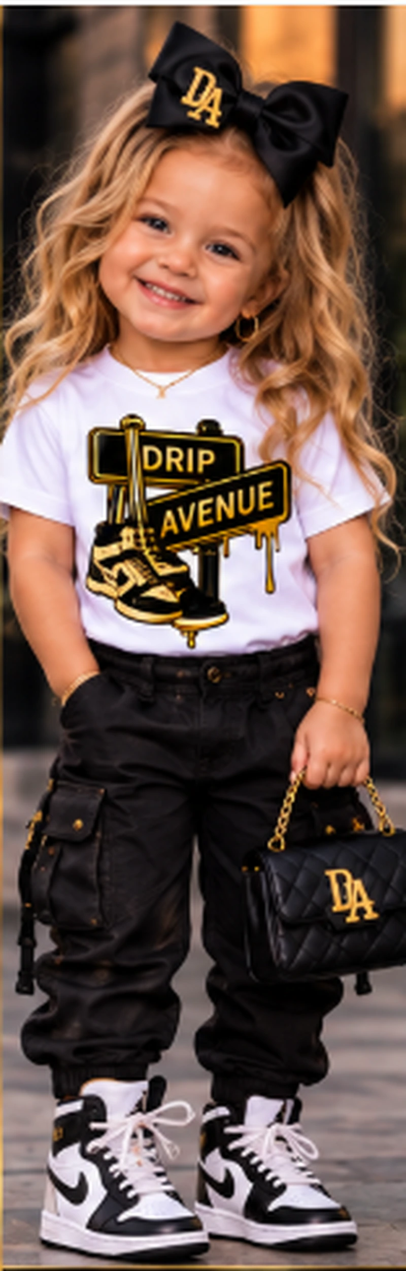Full-body toddler model wearing Drip Avenue streetwear look 2