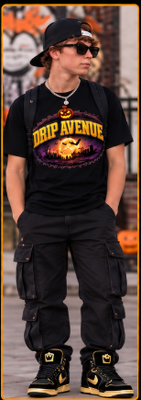 Youth model wearing a black Drip Avenue Halloween graphic tee, black cargo pants, a cap and sunglasses, and black-and-gold sneakers