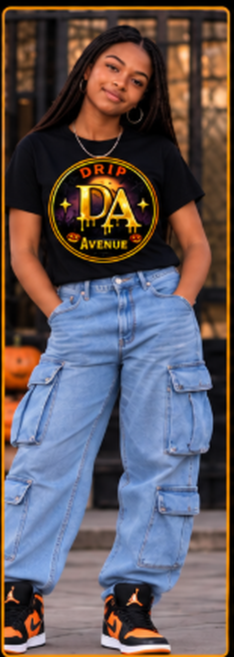 Youth model wearing a black Drip Avenue DA Halloween logo tee, light blue cargo jeans, and orange-accented sneakers