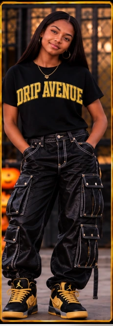 Full-body youth model wearing Drip Avenue streetwear look 2
