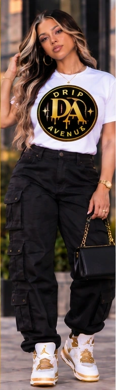Full-body model wearing Drip Avenue women’s streetwear look 6
