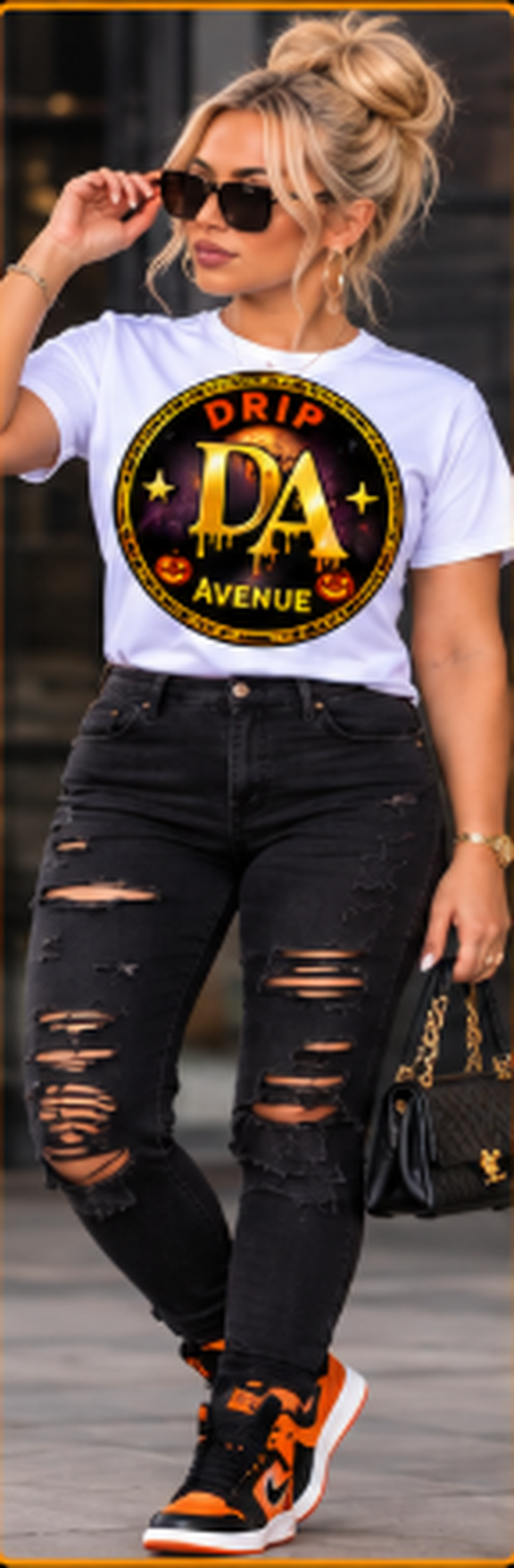Woman wearing a white Drip Avenue DA Halloween tee, black distressed jeans, sunglasses, and orange-accented high-tops
