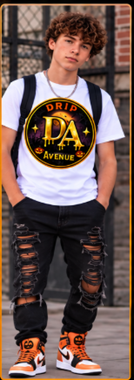 Youth model wearing a white Drip Avenue DA Halloween logo tee, black distressed jeans, and orange-and-white high-tops