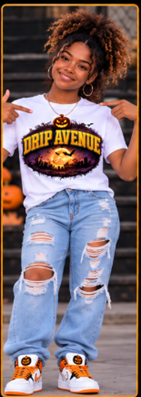 Youth model wearing a white Drip Avenue Halloween graphic tee, ripped light jeans, and orange high-tops
