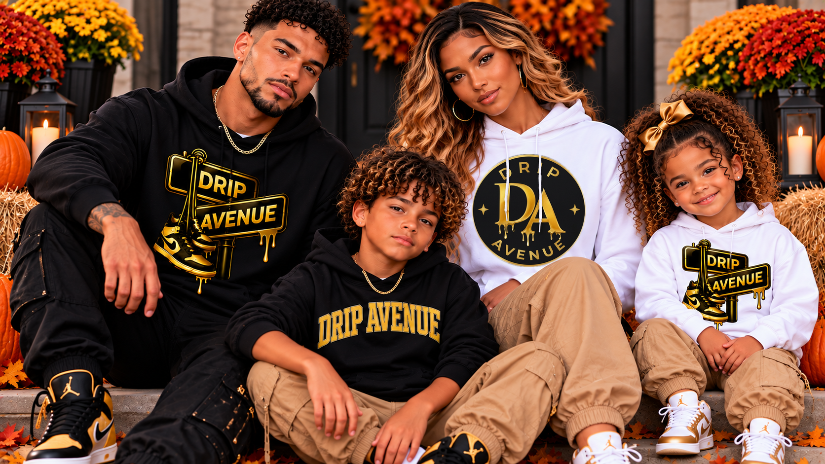 A family of four wearing Drip Avenue hoodies in an autumn setting