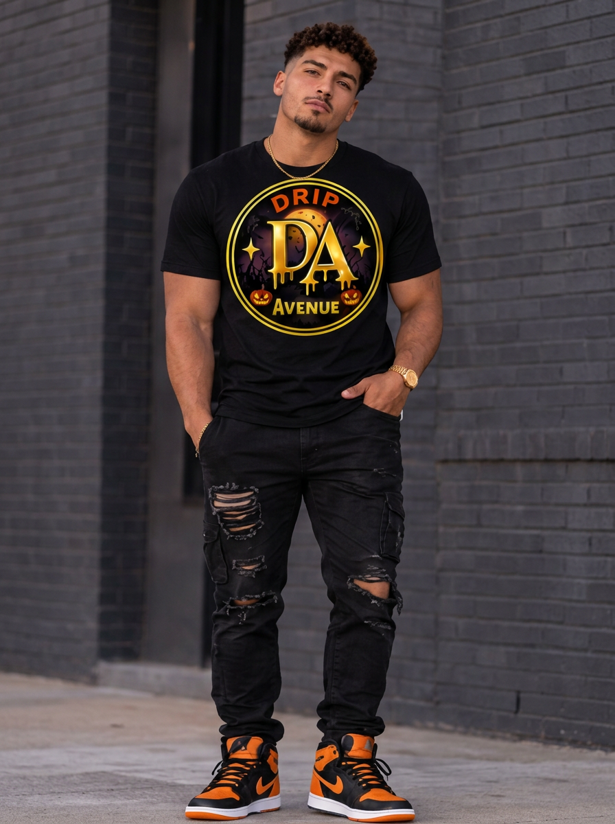 Full-body male model wearing a black Drip Avenue Halloween logo shirt, black distressed jeans, and orange-accented sneakers