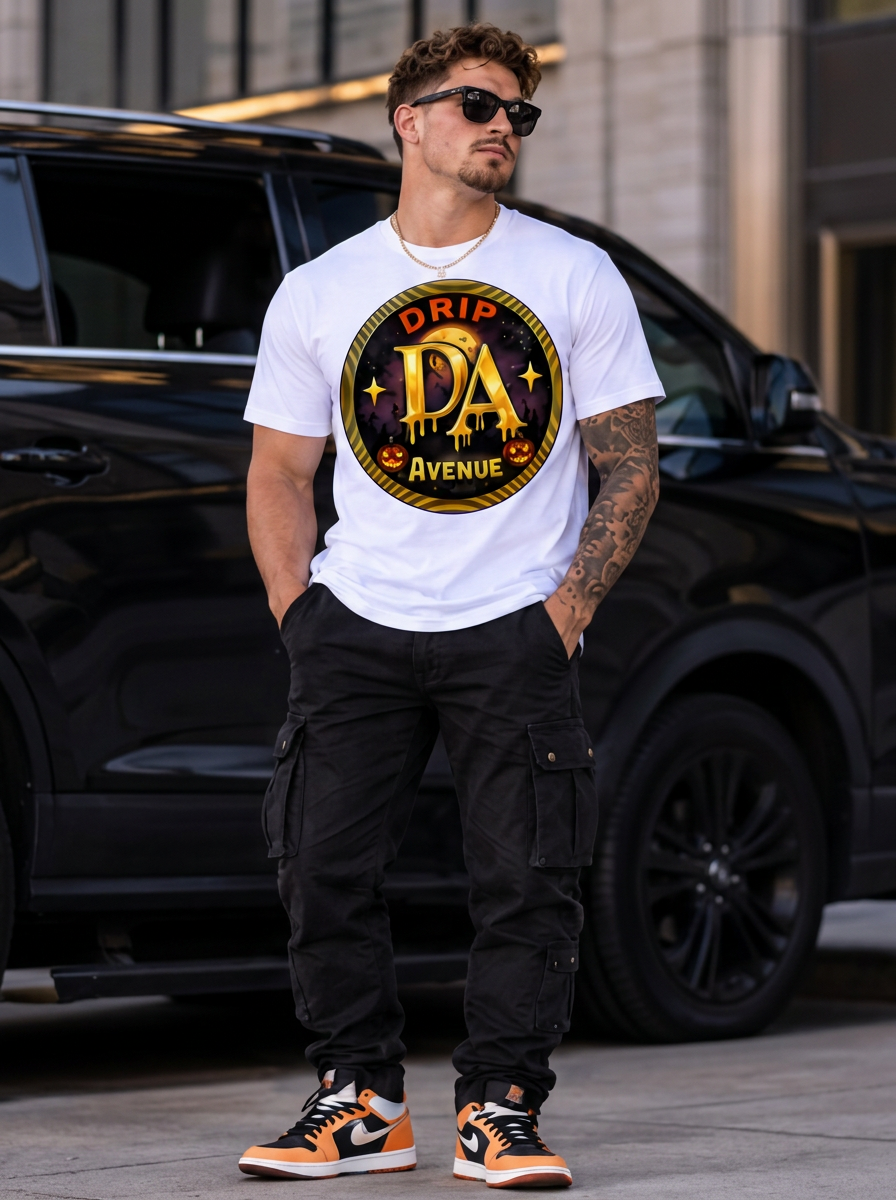 Full-body male model wearing a white Drip Avenue Halloween logo shirt, black cargo pants, sunglasses, and orange-accented sneakers