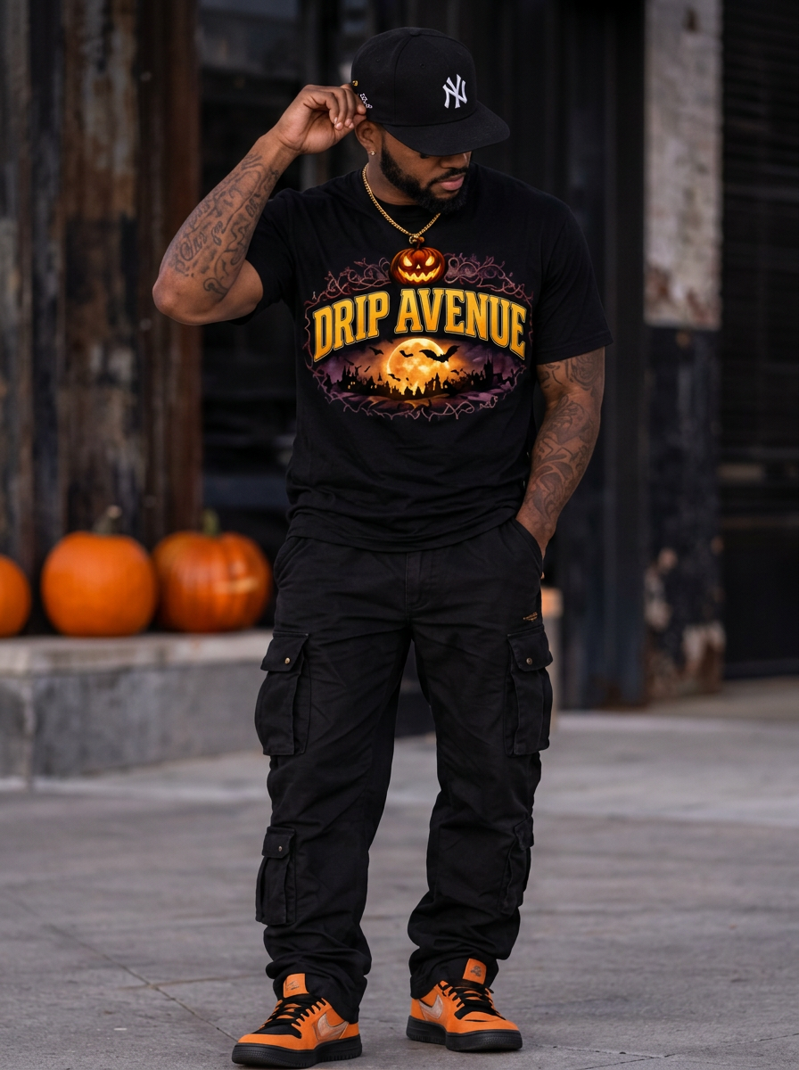 Full-body male model wearing a black Drip Avenue Halloween graphic shirt, black pants, cap, and orange-accented sneakers