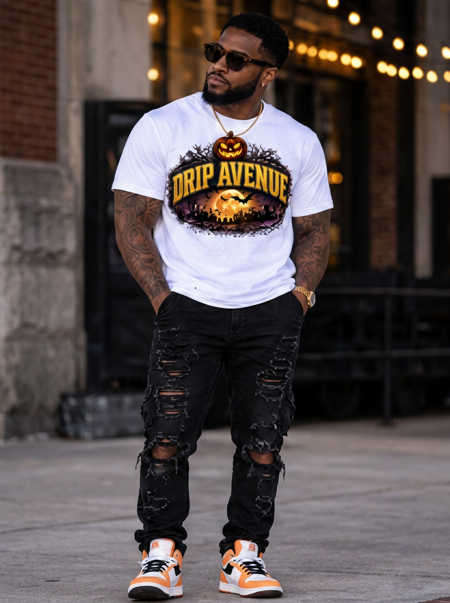 Full-body male model wearing a white Drip Avenue Halloween graphic shirt, black distressed jeans, sunglasses, and orange-accented sneakers