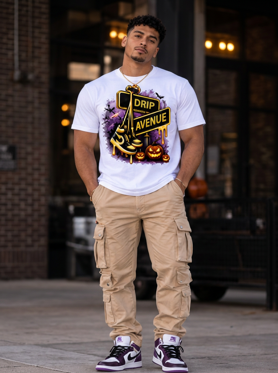 Full-body male model wearing a white Drip Avenue Halloween sneaker graphic shirt, tan pants, and purple-accented sneakers