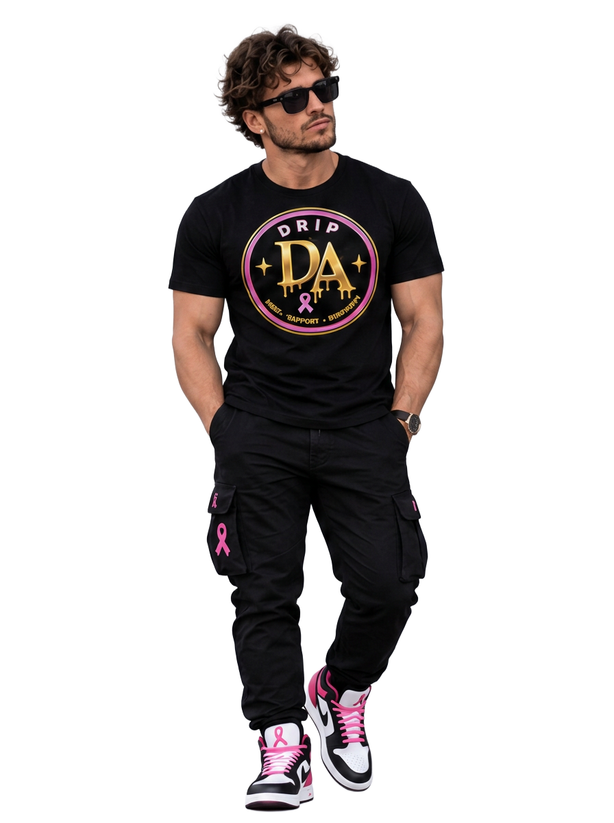 Full-body male model wearing a black Drip Avenue DA logo shirt, black cargo pants, and black, white, and pink sneakers
