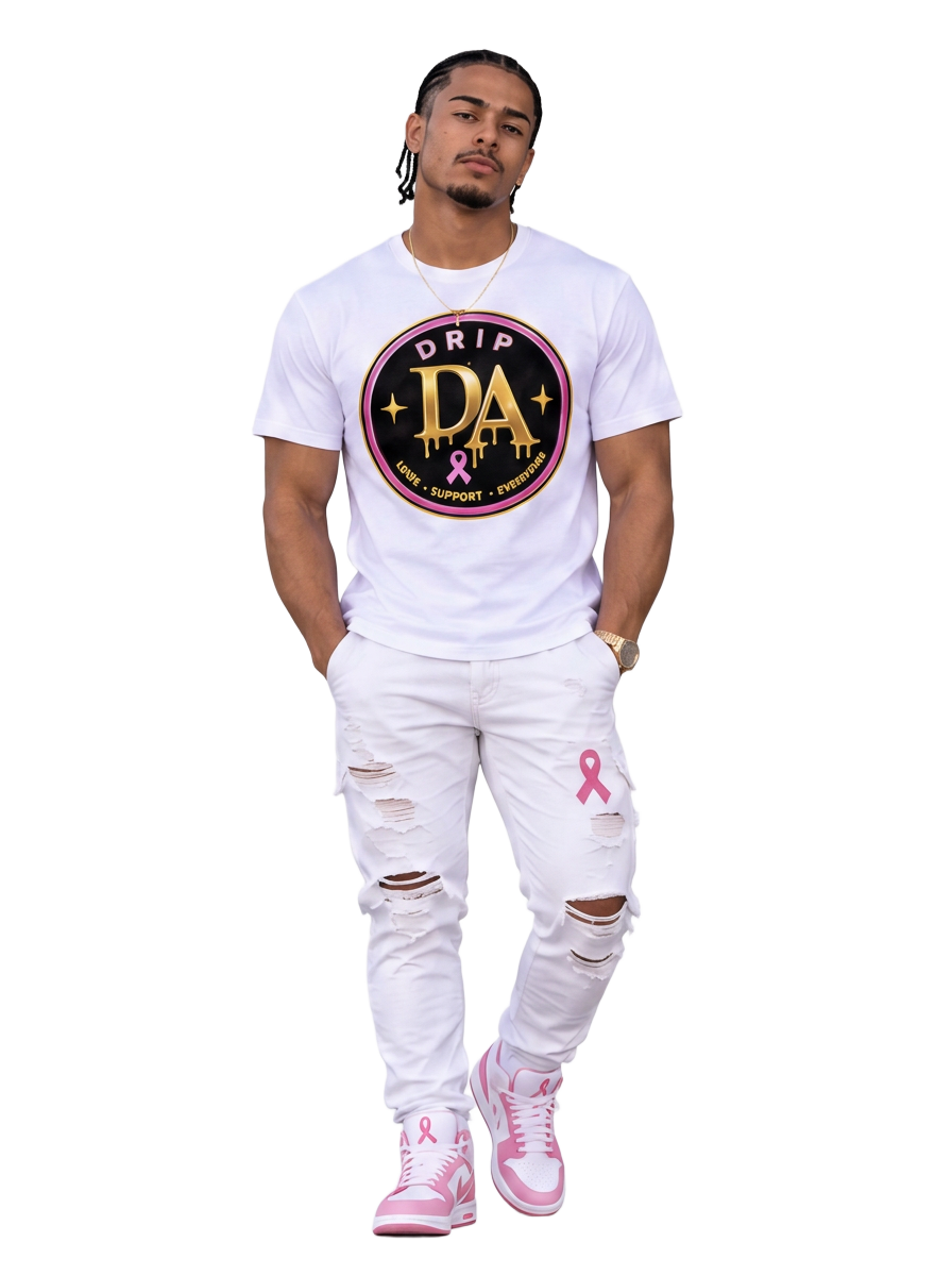 Full-body male model wearing a white Drip Avenue DA logo shirt, white distressed jeans, and white and pink sneakers