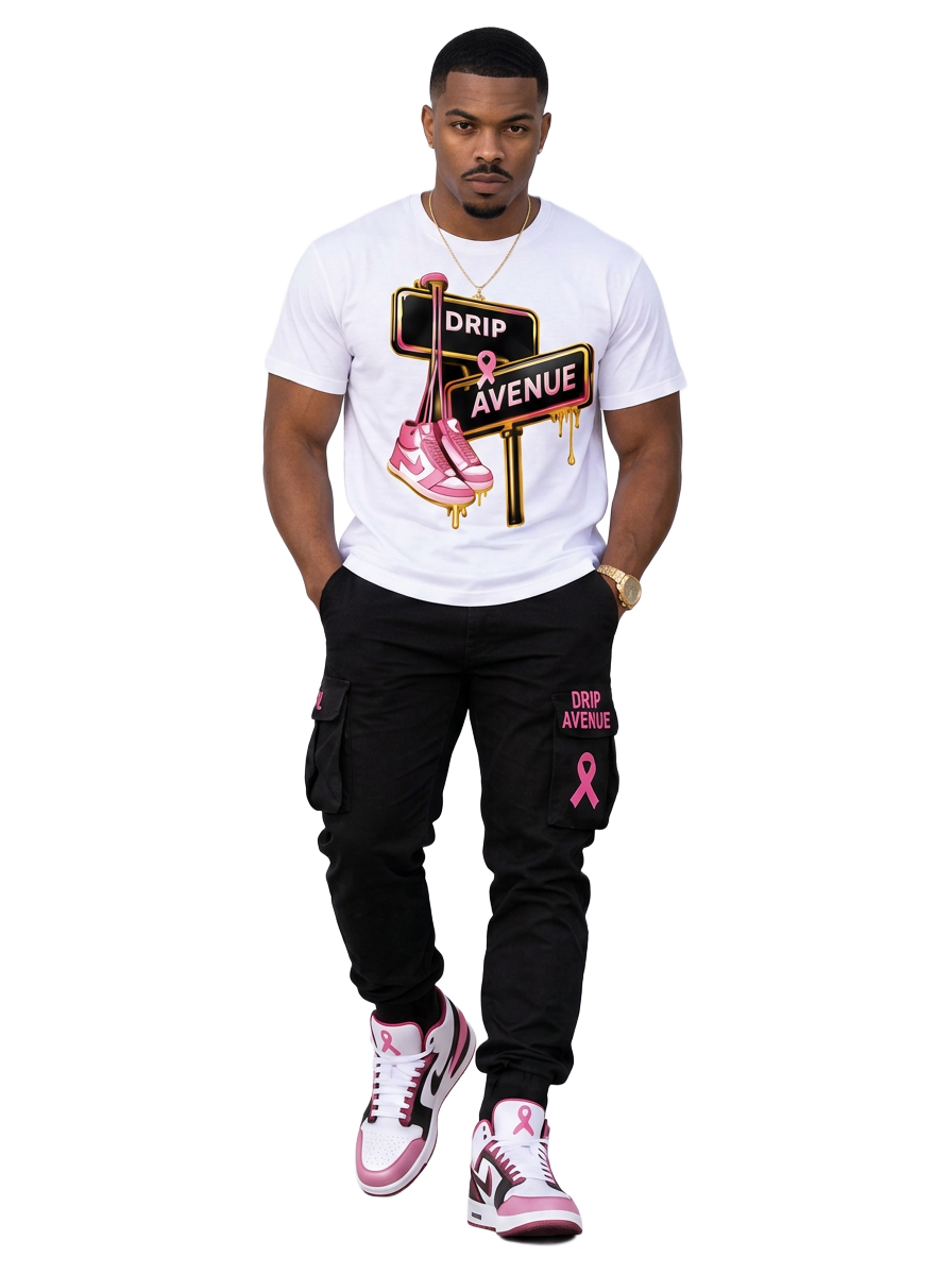 Full-body male model wearing a white Drip Avenue sneaker graphic shirt, black cargo pants, and white, black, and pink sneakers