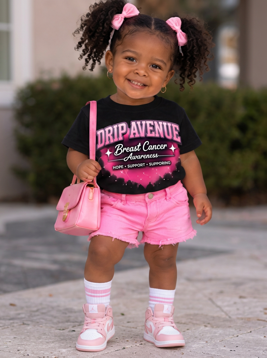 Full-body toddler girl wearing a black Drip Avenue Breast Cancer Awareness shirt, pink shorts, pink sneakers, and pink hair bows