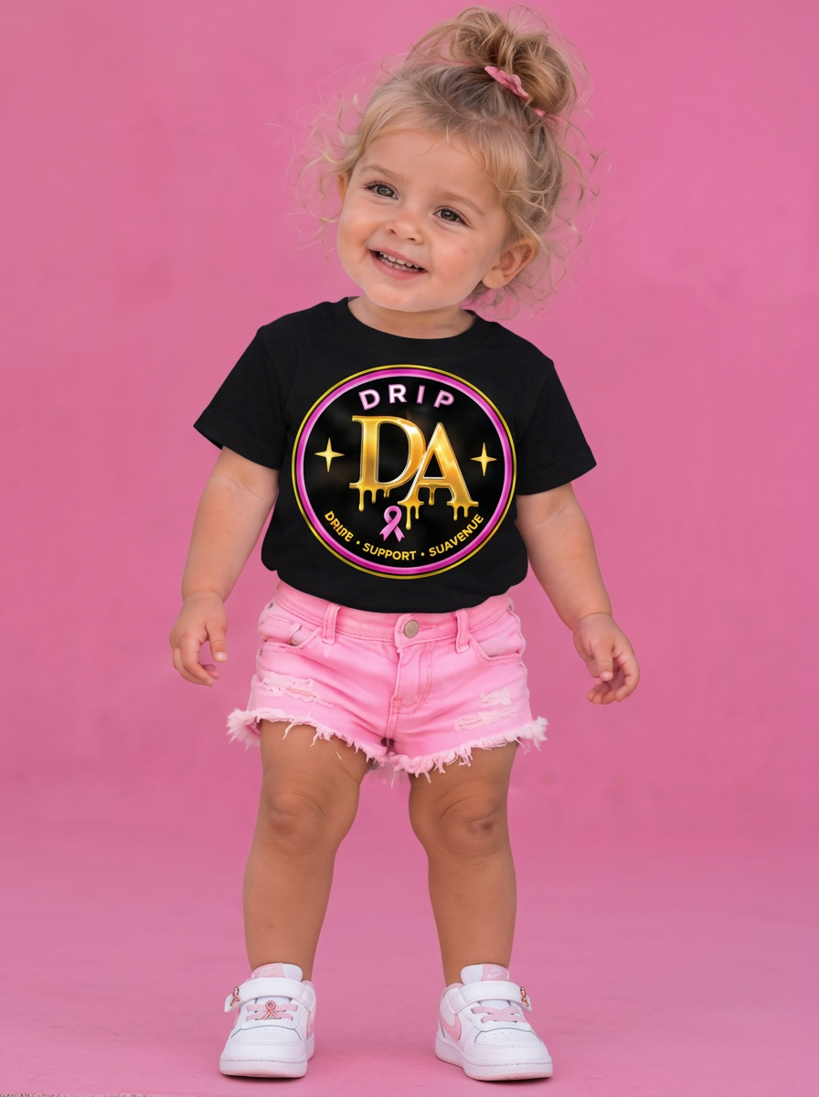 Full-body toddler girl wearing a black Drip Avenue DA awareness shirt, pink shorts, and white-and-pink sneakers