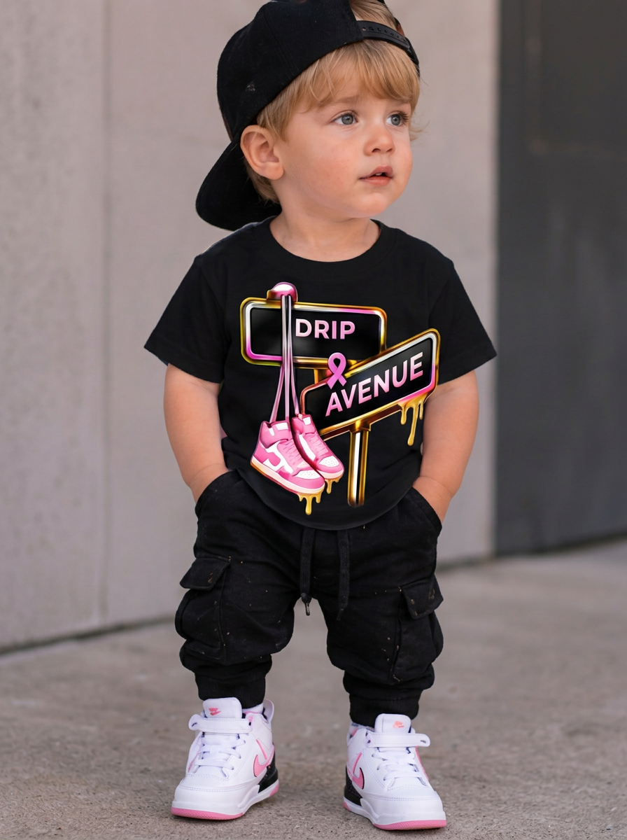 Full-body toddler boy wearing a black Drip Avenue sneaker graphic shirt, black pants, black cap, and white-and-pink sneakers