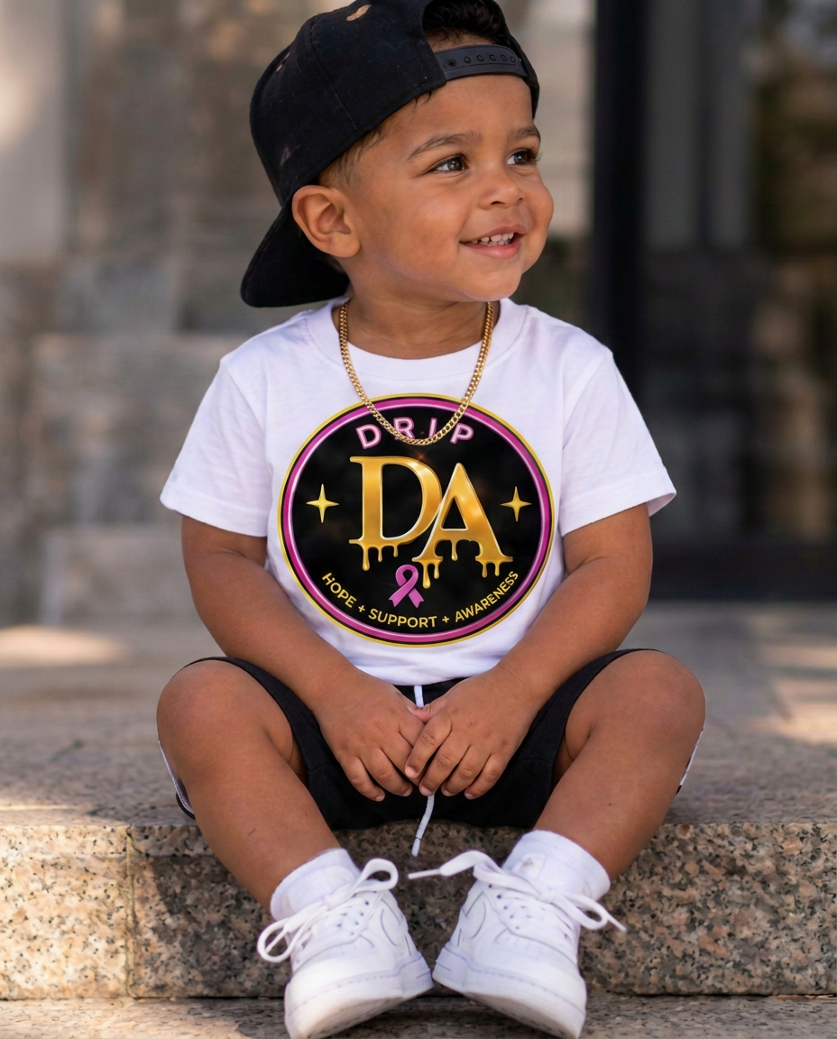 Toddler boy seated in a white Drip Avenue DA awareness shirt, black shorts, black cap, and white sneakers